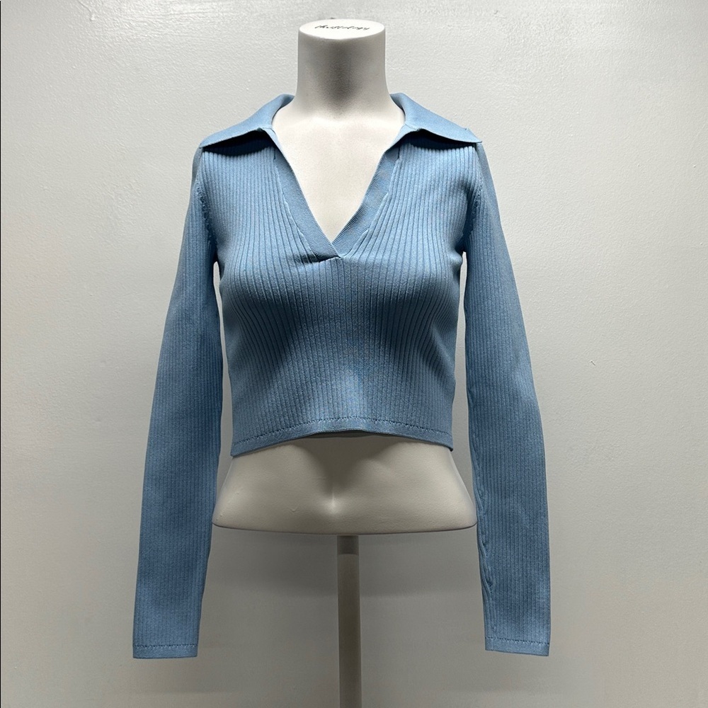 Aritzia Babaton Sculpt Knit Polo Long Sleeve Collared Ribbed Stretch Blue Small